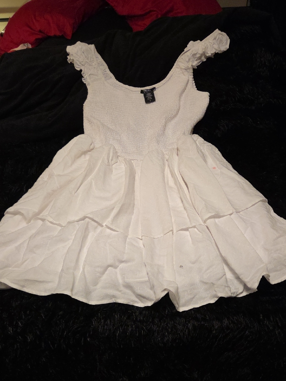 White Midi Dress with Smocked Bodice and Ruffled Sleeves